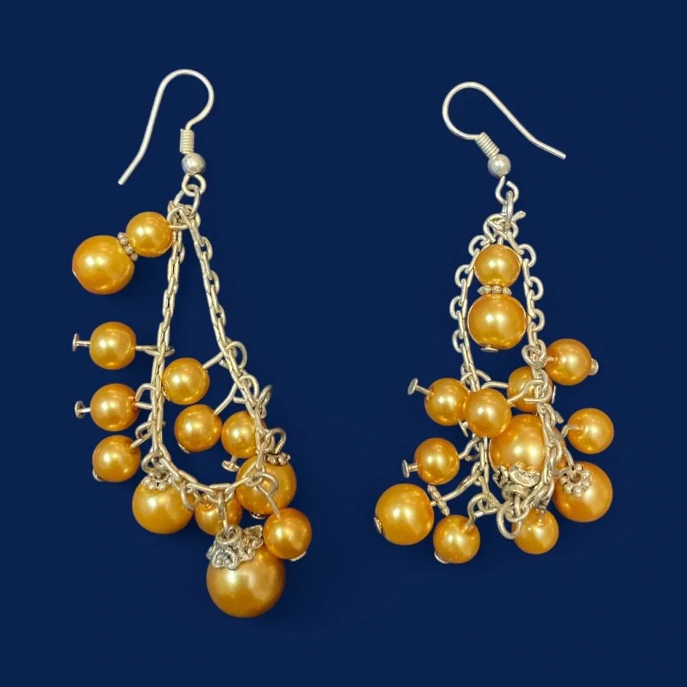 Estate Dangle Cluster Earrings – Gold Pearl Bead & Silver Chain Drop Style